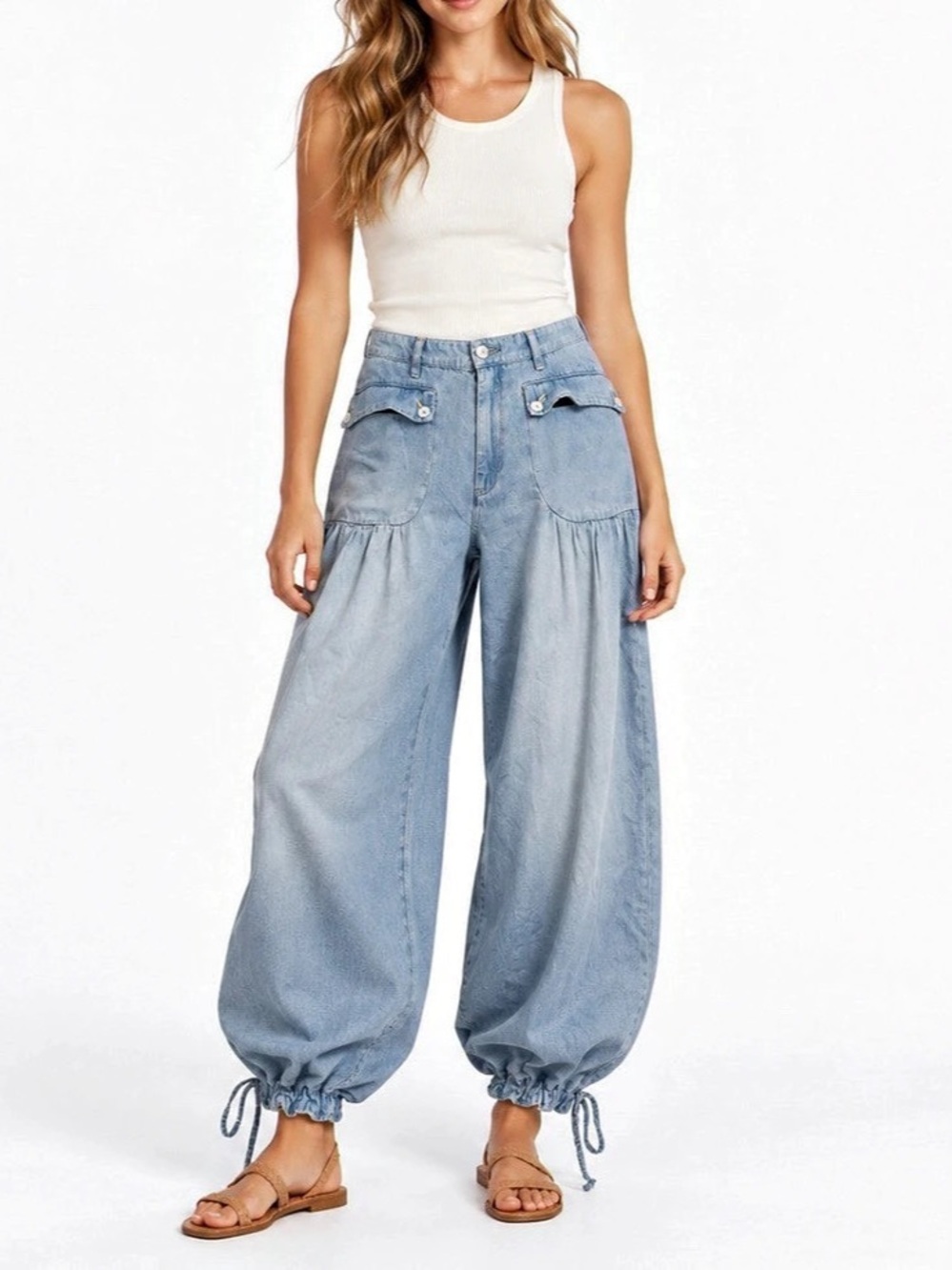 Free People We The Free Lotus Balloon Baggy Jeans 32 Bijou Blue Tie Hem NWT Boho